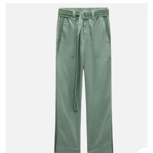 Zara Cotton Mid Rise Green Pants Contrasting Belt Elastic Waistband Size XL